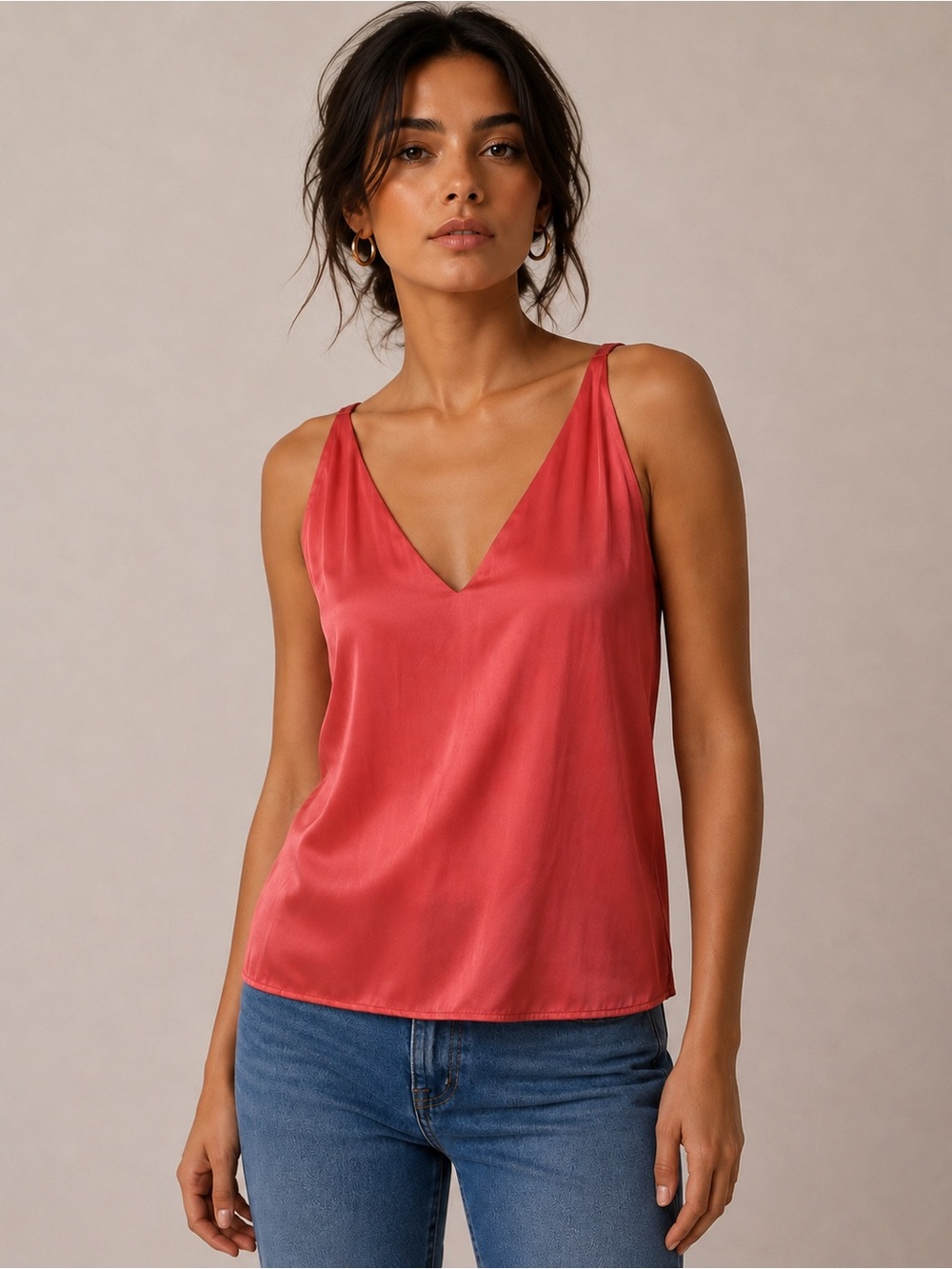 Tart Coral-Red Satin V-Neck Camisole Tank Top - Size Small